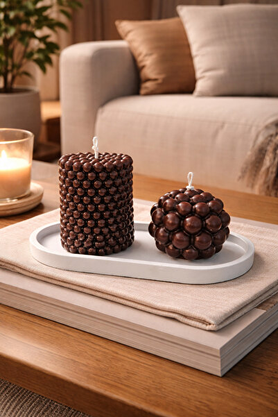 Lumaria Studio 2’li Bubble Dekoratif Mum Seti + Altlık | Yuvarlak & Sütun | Ç...