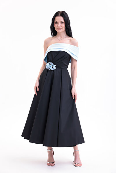 BDM Exclusive Tafta Çiçek Detaylı Off-Shoulder Premium Abiye Elbise