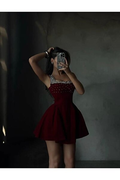 FUFOLUS Short burgundy evening dress with crystal details