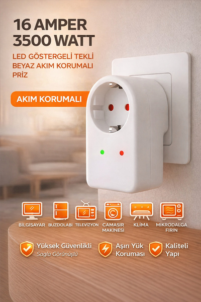 Ecuy Tekli Akım Korumalı Priz 16 Amper 3500 Watt LED Göstergeli Tekli Beyaz A...
