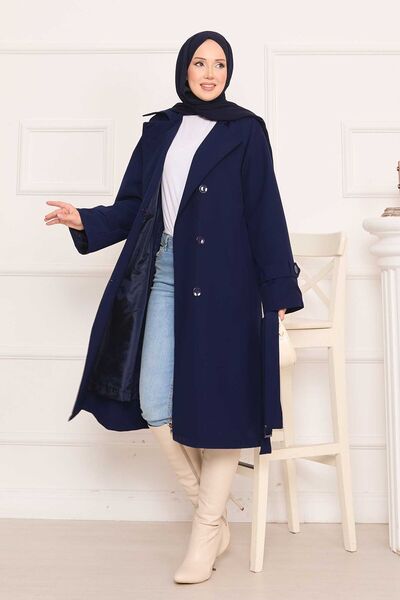 EBRUTESETTÜR Mobile Belted Hijab Trench Coat with Button Detail on the Back, ...