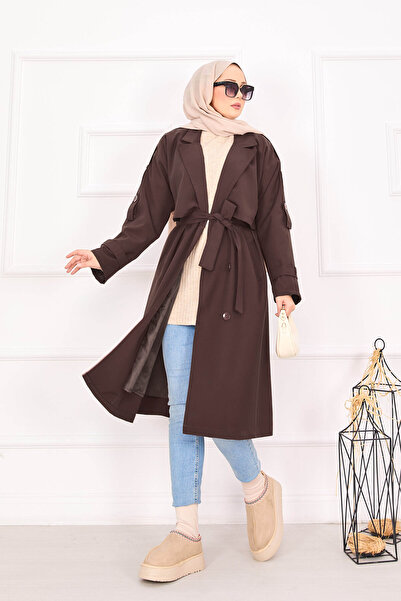 EBRUTESETTÜR Trench Coat with Belt Detail and Shoulder Epaulettes, Brown