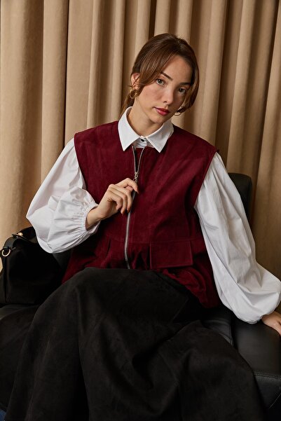 Soul Women's Suede Vest with Pocket Detail - 32404Ylk - Burgundy