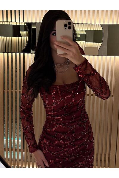 FUFOLUS Burgundy sequined evening dress