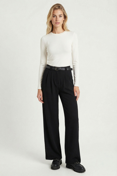 Lovelyİstanbul Belted Wide Leg Stretch Knit Trousers Lzv0045 Black