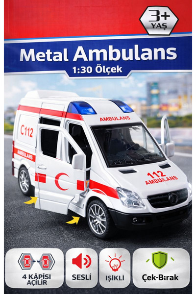 viyolmarketim Metal Kapıları Açılan Sesli Işıklı Ambulans 1:30 Ölçek Oyuncak ...