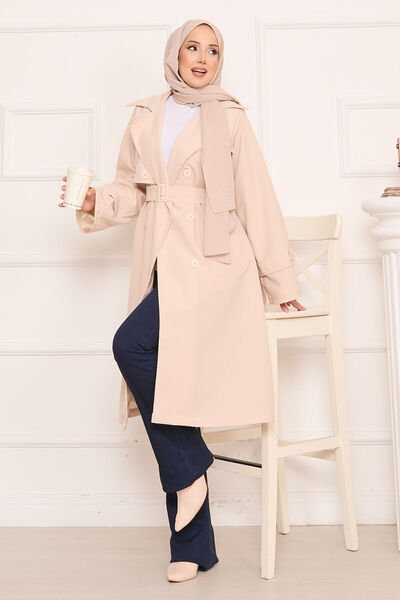EBRUTESETTÜR Button Detail on the Back, Belted Hijab Trench Coat, Stone