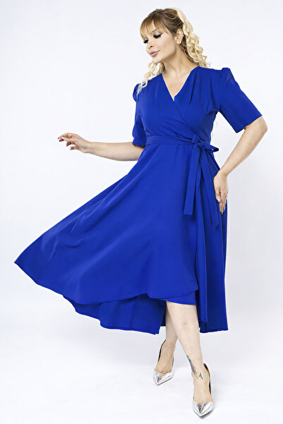 RURIS أزرق بلون الكوبالت فستان سهرة أزرق بياقة بأزرار على الجهتين وتنورة ملفو...