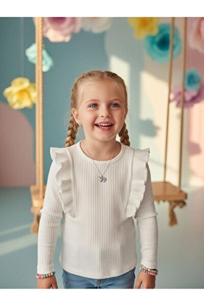 Zekids Girl's Cotton Ruffle Detailed Basic Corded Fabric Blouse