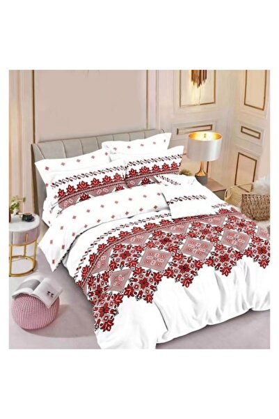 Pucioasa Set Lenjerie Pat Dublu, Pucioasa, 6 Piese, Imprimeu Tradițional Roșu...