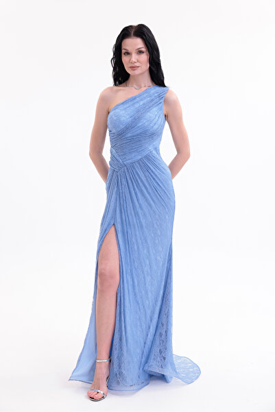 BDM Exclusive Dantel Drape Detaylı Tek Omuz Yırtmaçlı Premium Abiye Elbise