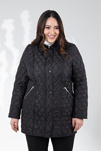 Roxxlen Büyük Beden Kadın Kapitone Fermuarlı Mont