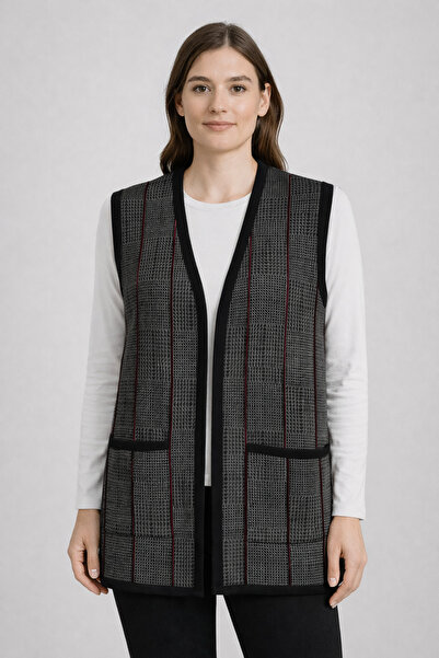 Uludağ Triko kadın ekose desen cepli triko yelek...RENK:(Ekru-vizon)-(Füme-si...