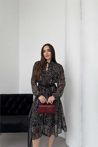 Dipmoda Kadın siyah bağlama detaylı dik yaka şifon midi elbise DPELB01