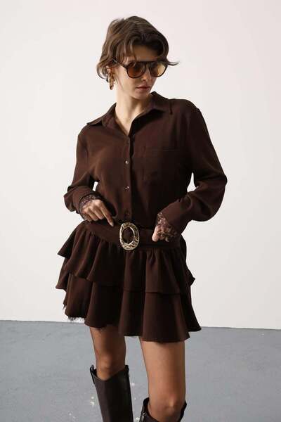 Reyon Kadın Gömlek Yaka Dantel Detay Mini Elbise