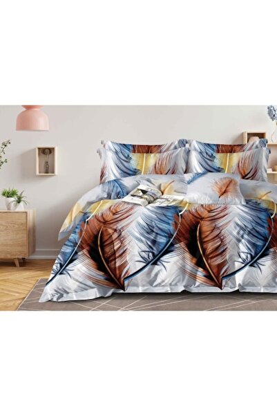 OEM Set lenjerie de pat dublu, 2 persoane, 4 piese, 240x250 cm, imprimeu cu pene