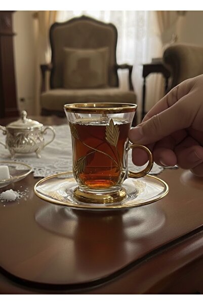 DECOSTYLE Gold Leaf Patterned Handmade Plate 12 Piece Tea Set with Handles Yp102