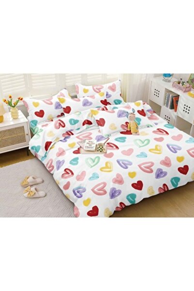 OEM Set lenjerie de pat dublu, 4 piese, 240x250 cm, imprimeu cu inimă