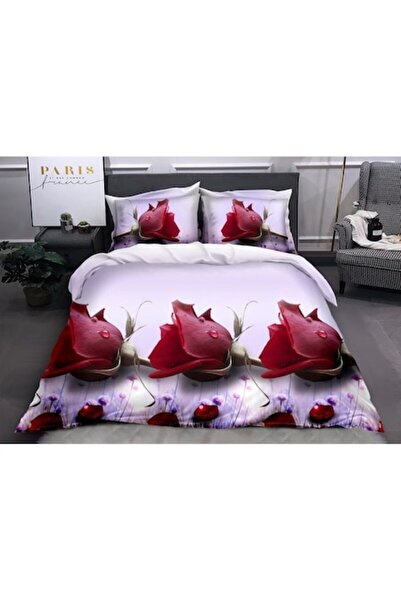 OEM Set de lenjerie de pat dublu, imprimeu 3D cu trandafiri roșii, 4 piese, 2...