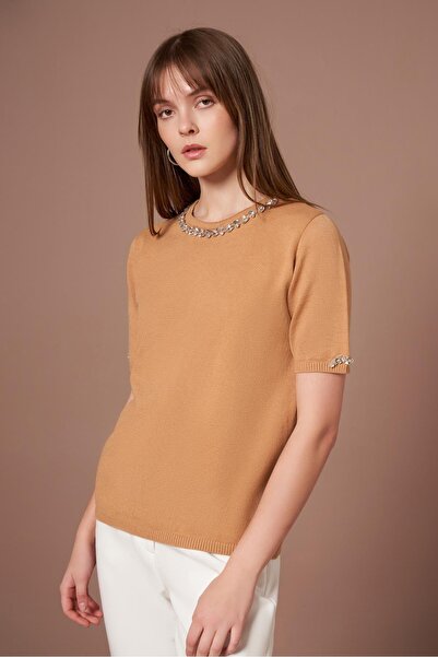 FTZ WOMEN Women's Strass Stone Detailed Sweater Biscuit 20893