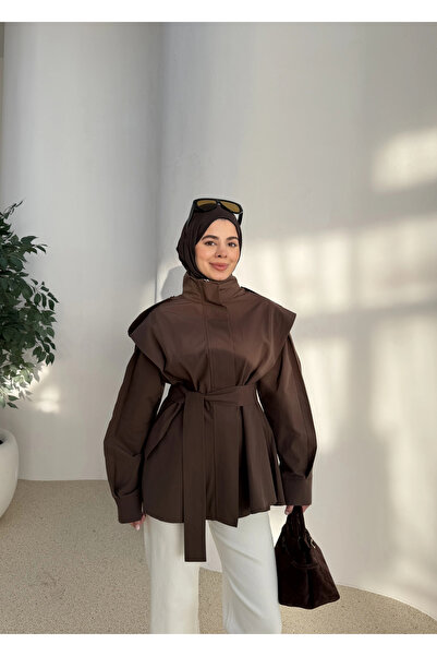 MODA AKSA 7623 DİK YAKA GENİŞ OMUZ TRENÇ KAHVE
