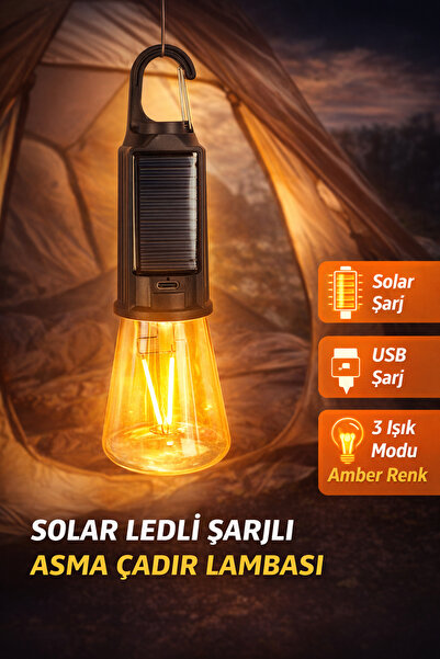 Ecuy Taşınabilir Ultra Hafif Solar LED’li 3 Işık Modlu Amber Şarjlı Asma Kanc...