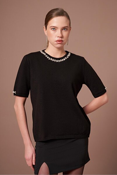 FTZ WOMEN Women's Strass Stone Detailed Sweater Black 20893