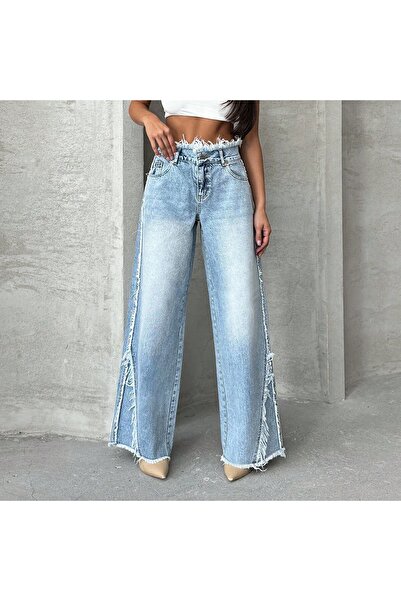 SİNGBADA Kadın Açık Mavi Wide Leg Yüksek Bel Paçası Püsküllü Jean