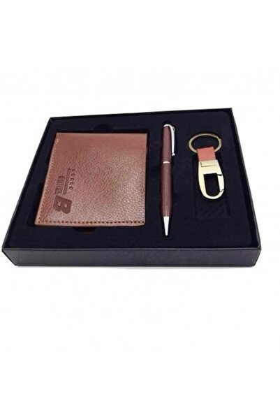 OEM 3-Piece Gift Set for Men with Wallet, Pen, and Keychain, Brown/Black