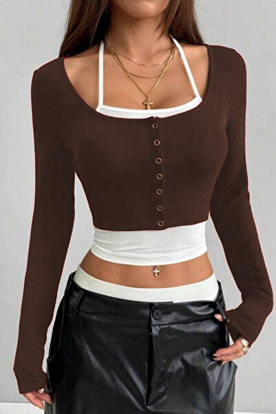 İlayda Toprak Twist Kadın Fit Uzun Kollu Düğmeli 2'li Kahve Crop Bluz