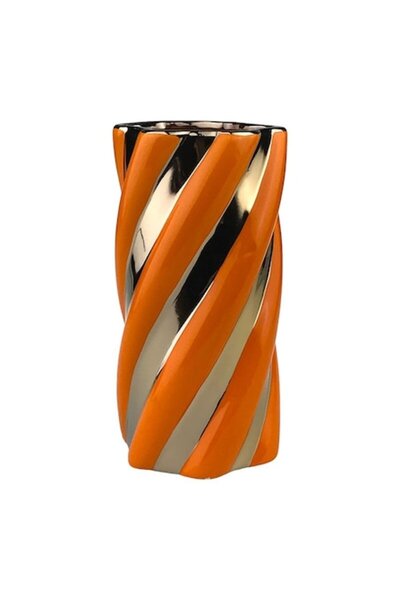 OEM Ceramic Vase with Stripes, 10x20 cm, Orange-Gold