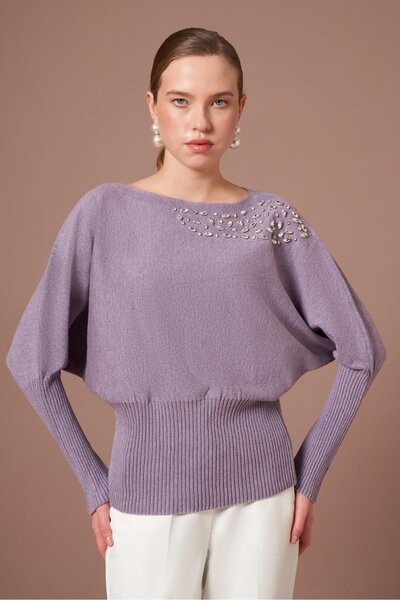 FTZ WOMEN Kadın Beyoğlu İşlemeli Yarasa Kol Kazak Lila 25017