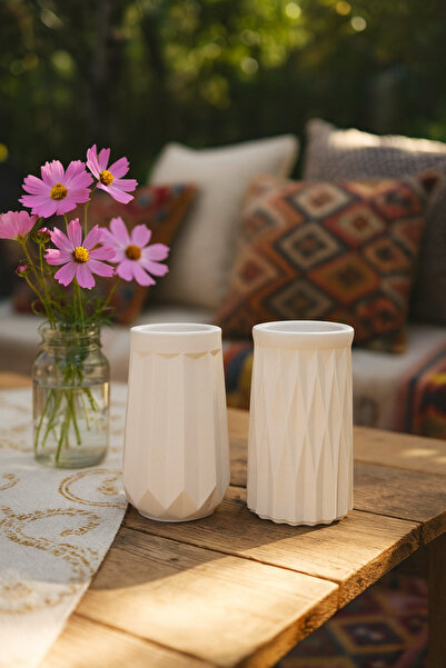 Marena Home Geometrik Desenli Dekoratif Vazo (2’li Set) – Minimal & Bohem Tas...