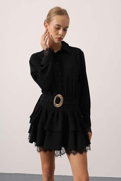 Reyon Kadın Gömlek Yaka Dantel Detay Mini Elbise