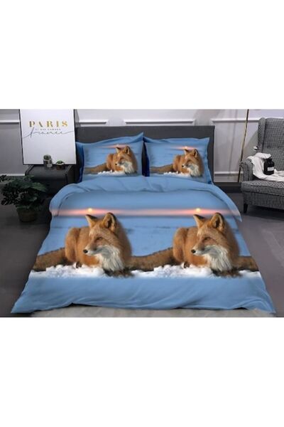 OEM Set de lenjerie de pat dublu, imprimeu 3D Apus de soare și vulpe, 4 piese...