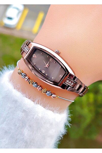 Weluxa ساعة يد نسائية من حجر الشوكولاتة + سوار فولاذي هدية