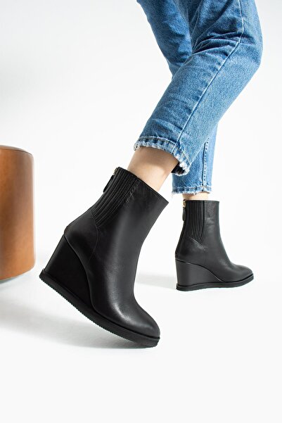 FOLLİNİ Γυναικείες μπότες από γνήσιο δέρμα με σφήνα τακούνι μαύρο