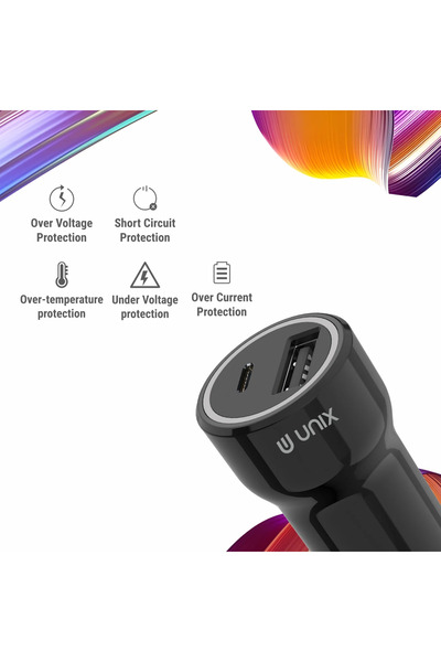unix UX-C60 Car Charger with Dual USB Port | 60W Fast Charging with Cable | White