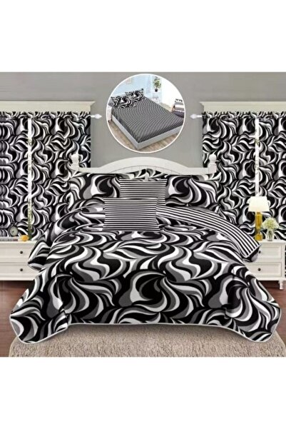 OEM Set de lenjerie de pat și perdele, cearșaf elastic, 6 piese, 1 persoană, ...