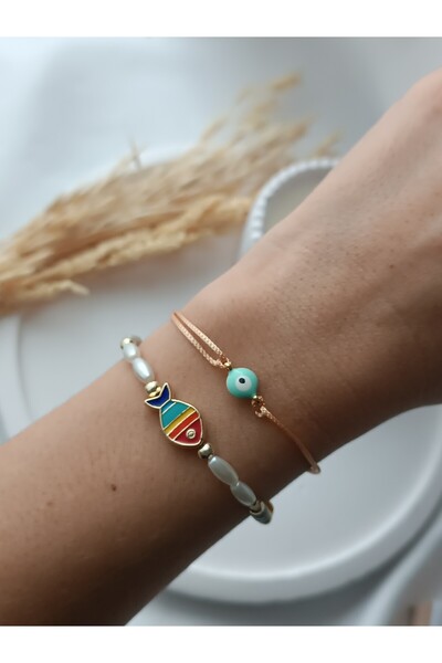 La fee aksesuar Set of 2 Bracelets Colorful Fish Mint Green Evil Eye Beaded G...