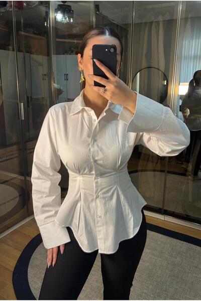 ecemce butik Belden Oturtmalı Pileli Beyaz Gömlek