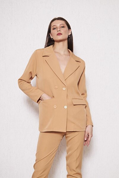 comstar Women's Pocket Jacket Basic Pants Tan Suit