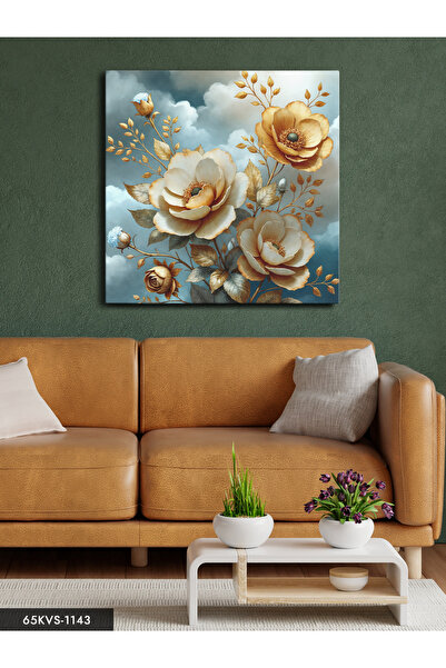 Evinemoda Renkli Çiçek ve Bulut Tek Parça Kare Kanvas - Canvas Tablo