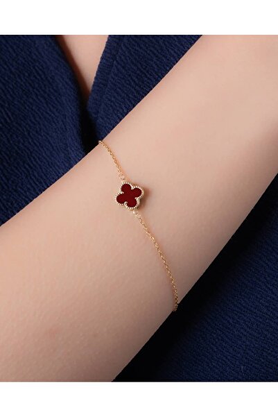 YCL JEWELLERY 14 Ayar Altın Kadife Bordo Yonca Bileklik – 8mm