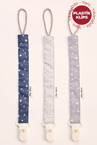 MyVera Yıldız Desenli Lacivert ve Gri - Gri Puantiye - Plastik Klipsli Emzik ...