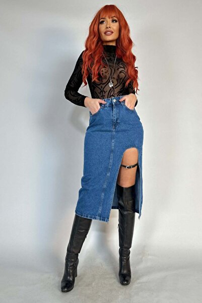 WildFashion Fashion/casual denim skirt with wide slit accessorized with belt ...