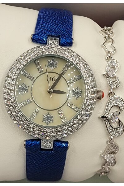 Generic HYJساعة نسائية لون ازرق مع اطار فضي مزخرف + اسوارة لون فضي