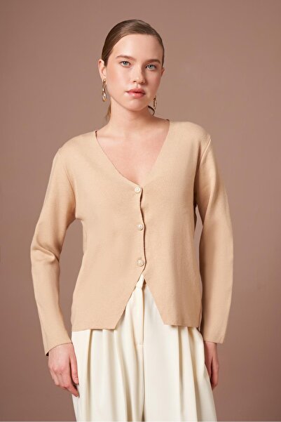 FTZ WOMEN Women's Button Detail V-Neck Cardigan Beige 25264