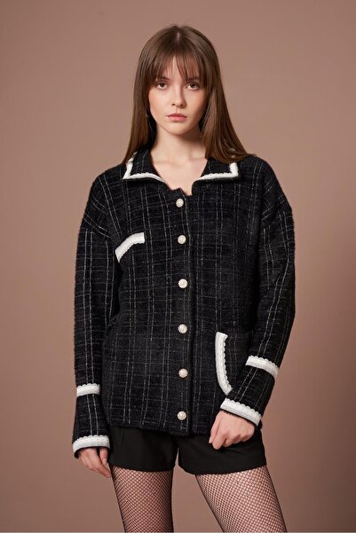 FTZ WOMEN Women's Stripe Detail Beard Cardigan Black Silver 25041