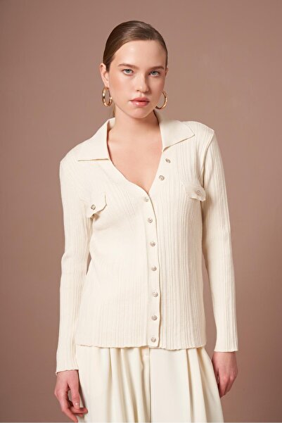FTZ WOMEN Women's Corded Fabric V-Neck Cardigan Stone 25021